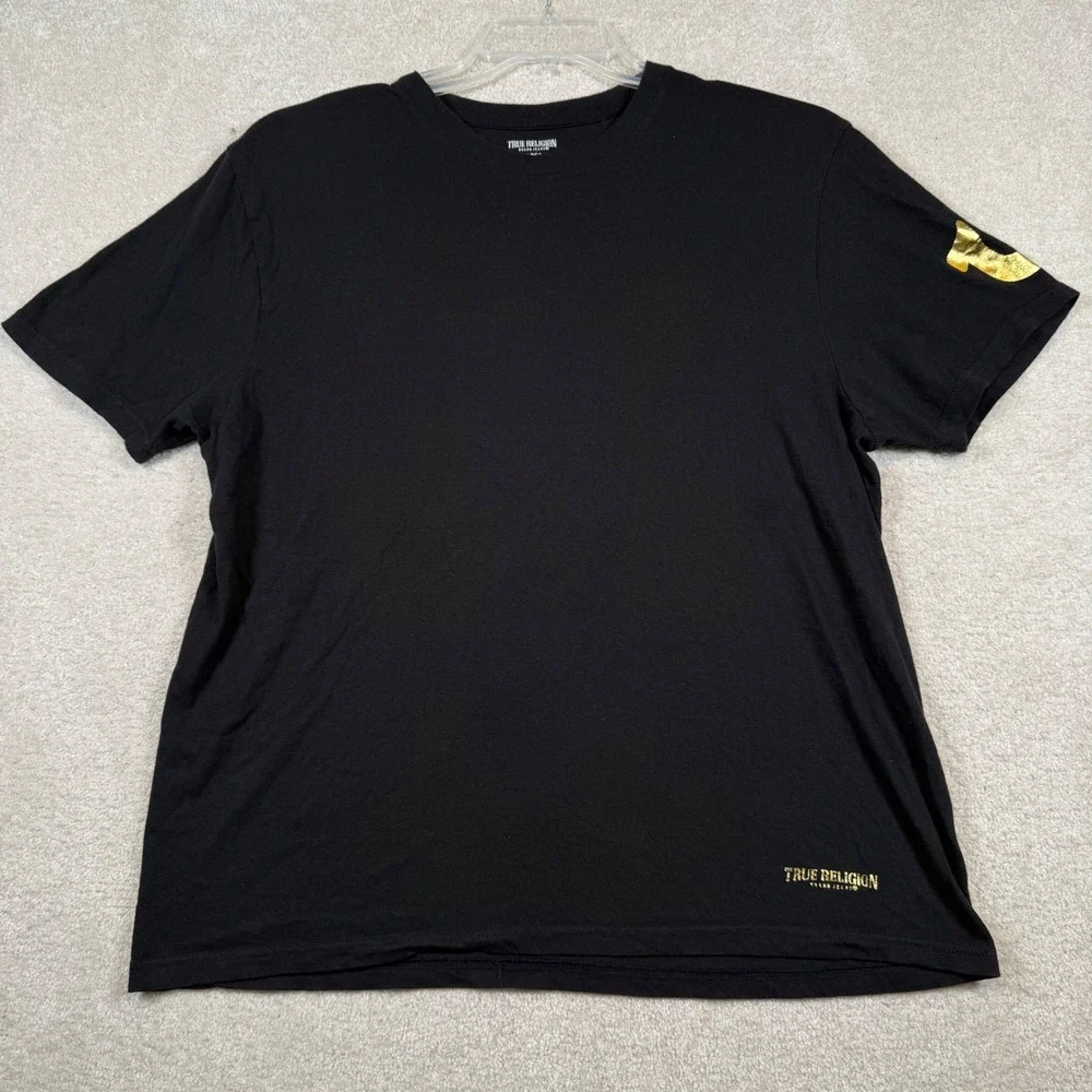 True‎ Religion Mens Large Black Gold Logo T Shirt Cotton Crew Neck Casual